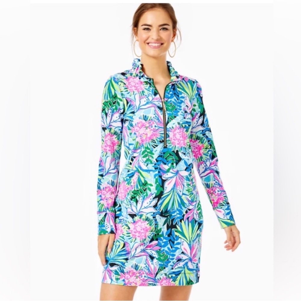Lilly Pulitzer Skipper Ruffle Dress UPF 50+ Onyx You Me and Giraffee Size Large